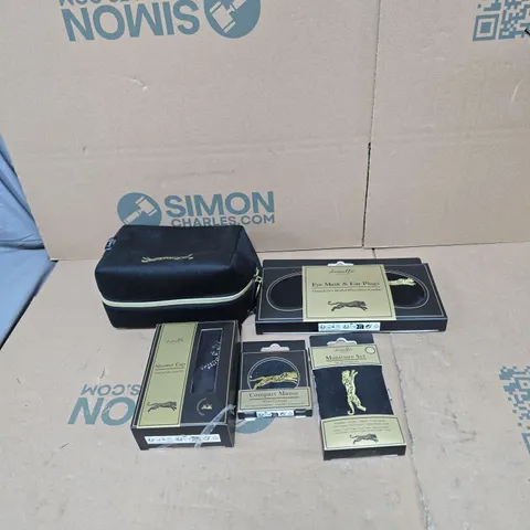 DANIELLE CREATIONS 5 ITEM SET TO INCLUDE SHOWER CAP, COMPACT MIRROR, EYE MASK ETC BOXED