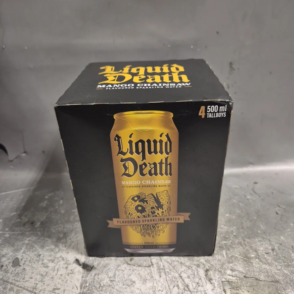 5 X BOXED LIQUID DEATH MANGO CHAINSAW FLAVOURED SPARKLING WATER - 4 CANS PER BOX 