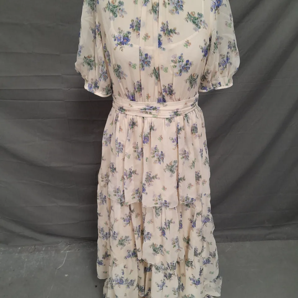 LK BENNET TIERED RUFFLE MIDAXI DRESS IN CREAM/BLUE FLORAL SIZE 10