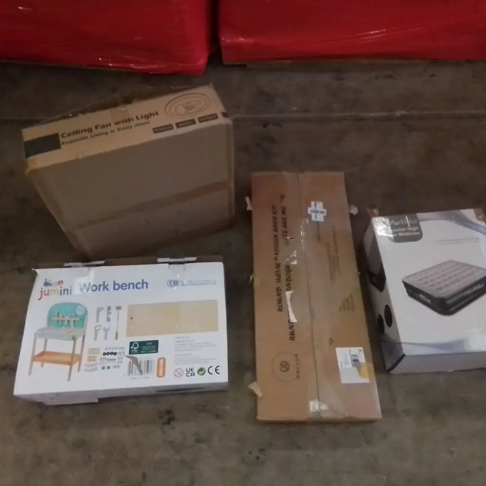 PALLET CONTAINING ASSORTED HOUSEHOLD & HOME IMPROVEMENT PRODUCTS. INCLUDES KIDS PLAY WORK BENCH, AIR MATTRESS, CEILING FANS WITH LIGHT, FURNITURE ETC