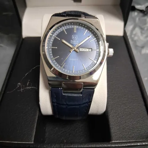 ERNEST FERDINAND EF QUARTZ WATCH – BLUE DIAL, DAY-DATE, LEATHER STRAP