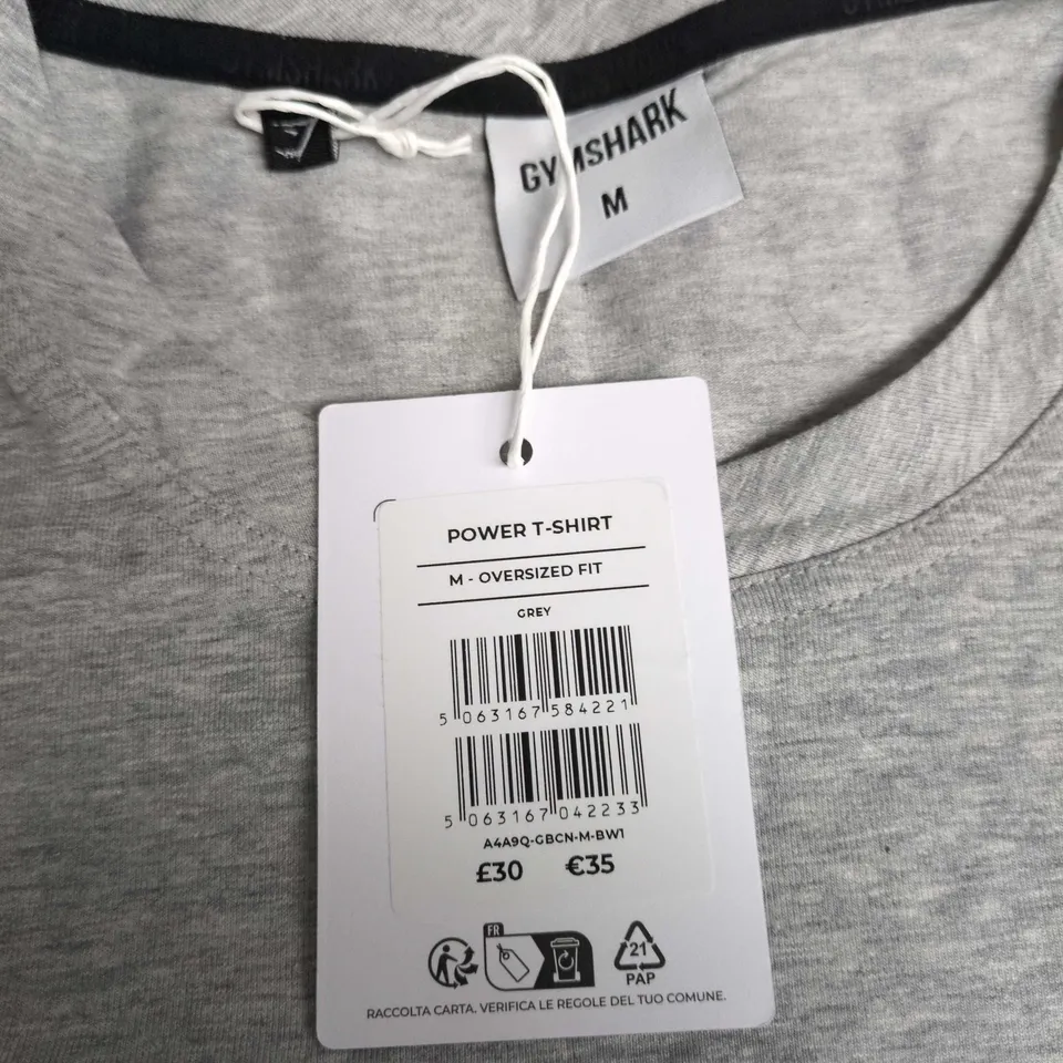 GYMSHARK POWER T-SHIRT, GREY, OVERSIZED FIT, SIZE M