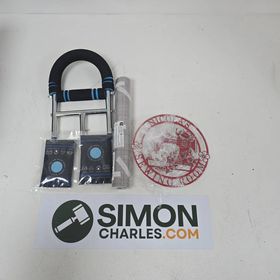 ASSORTED HOUSEHOLD ITEMS TO INCLUDE; EXCERISE ACCESSORIES, CLAMPS, WALLPAPER.