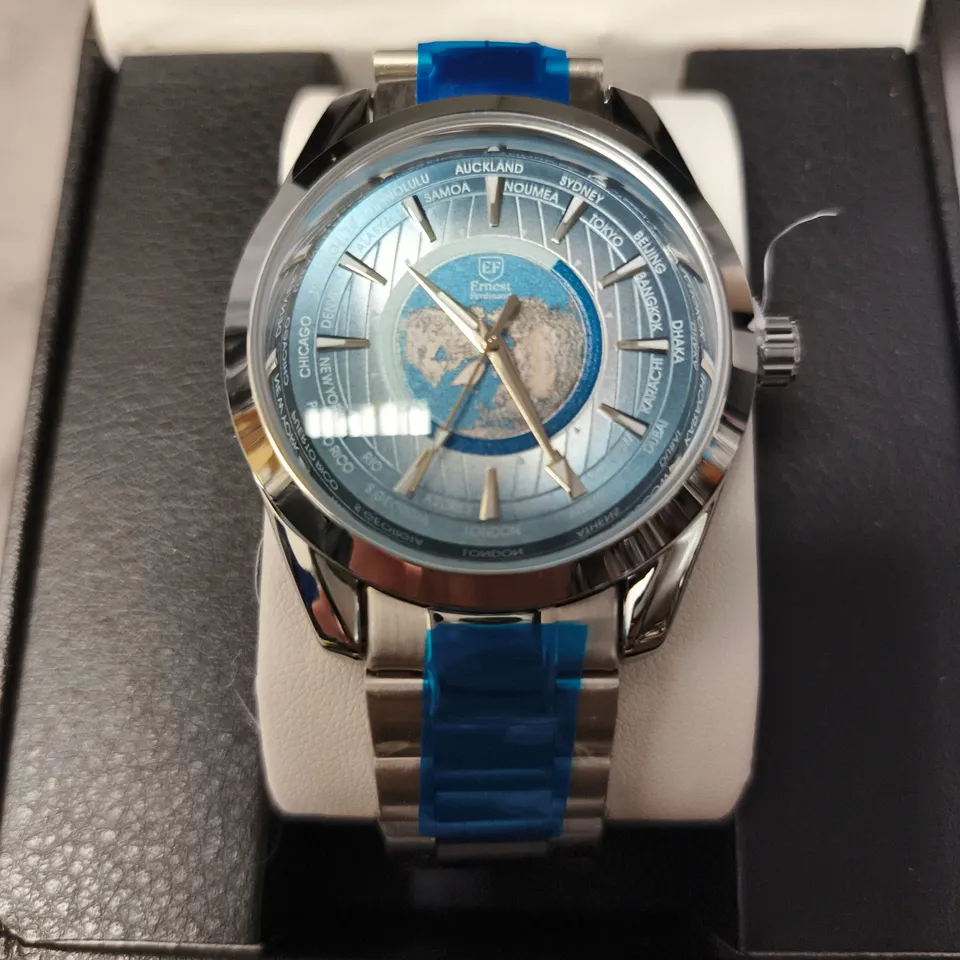 ERNEST FERDINAND WATCH – BLUE GLOBAL DIAL – STAINLESS STEEL STRAP – 3ATM WATER RESISTANT - GIFT BOX
