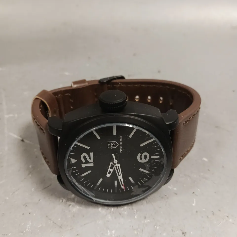 MENS FRANK SCHMIDT WATCH – LARGE BLACK CASE – BLACK PILOT DIAL – BROWN LEATHER STRAP