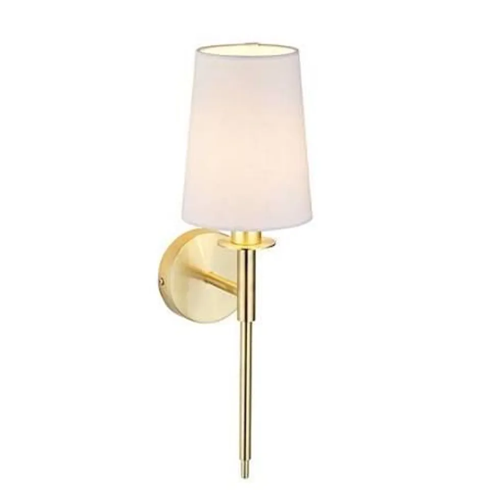 BOXED ENDON 1 LIGHT WALL LIGHT SATIN BRASS PLATE & VINTAGE WHITE FABRIC SHADE 