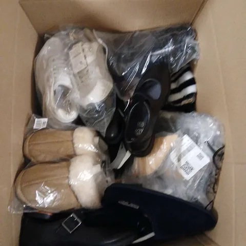 LARGE BOX OF APPROX 10 ASSORTED SHOES IN VARIOUS COLOURS, STYLE AND SIZES