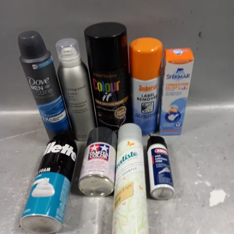 APPROXIMATELY 15 ASSORTED AEROSOLS TO INCLUDE GILLETTE SHAVING FOAM, DOVE DEODORANT, LABEL REMOVER - COLLECTION ONLY 