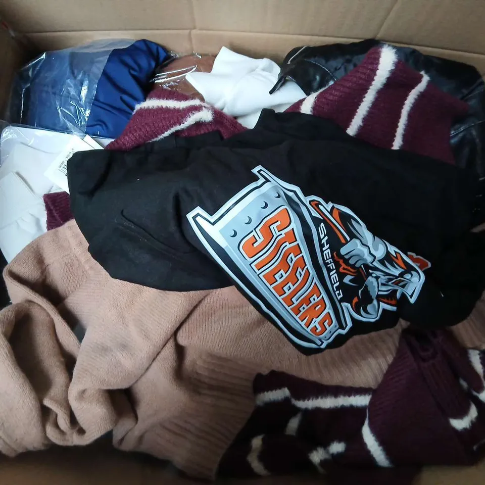 LARGE BOX OF ASSORTED CLOTHING ITEMS IN VARIOUS SIZES, STYLES AND COLOUR TO INCLUDE HOODIE, JUMPER, SWEATERS, ETC