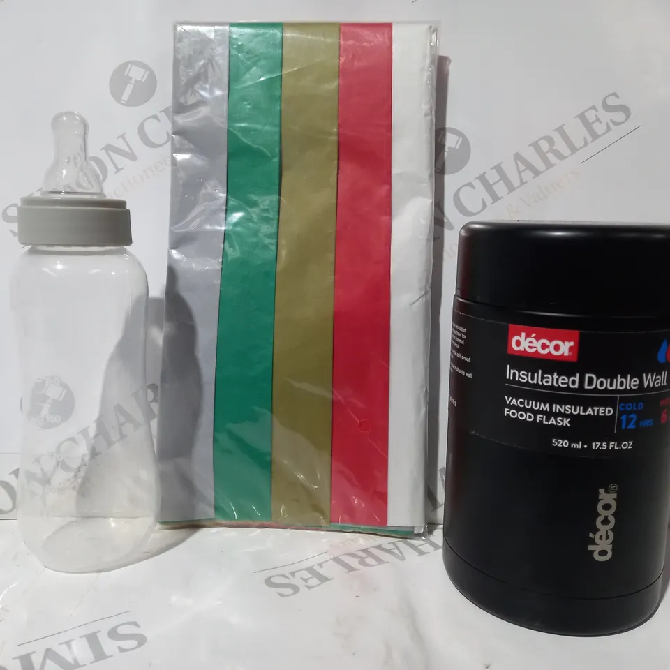 APPROXIMATELY 10 ASSORTED HOUSEHOLD ITEMS TO INCLUDE DÉCOR DOUBLE WALL FOOD FLASH, BABY BOTTLE, ETC