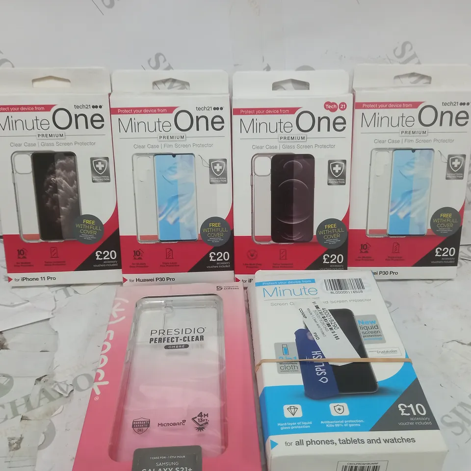 BOX OF APPROX 30 ASSORTED PHONE CASES TO INCLUDE - TECH 21 MINUTE ONE HUAWEI P30 PRO -  TECH 21 MINUTE ONE IPHONE 11 PRO -  TECH 21 MINUTE ONE IPHONE 12/12 PRO ECT