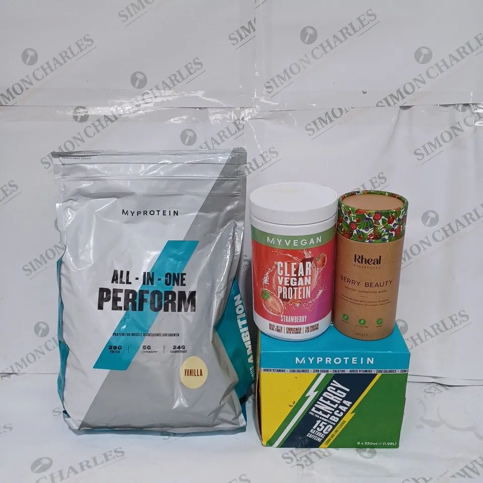 LOT TO CONTAIN 4 X ASSORTED NUTRITION & BODY BUILDING PRODUCTS. INCLUDES PERFORM POWDER, MY PROTEIN ENERGY DRINKS, RHEAL SUPERFOODS ETC - COLLECTION ONLY