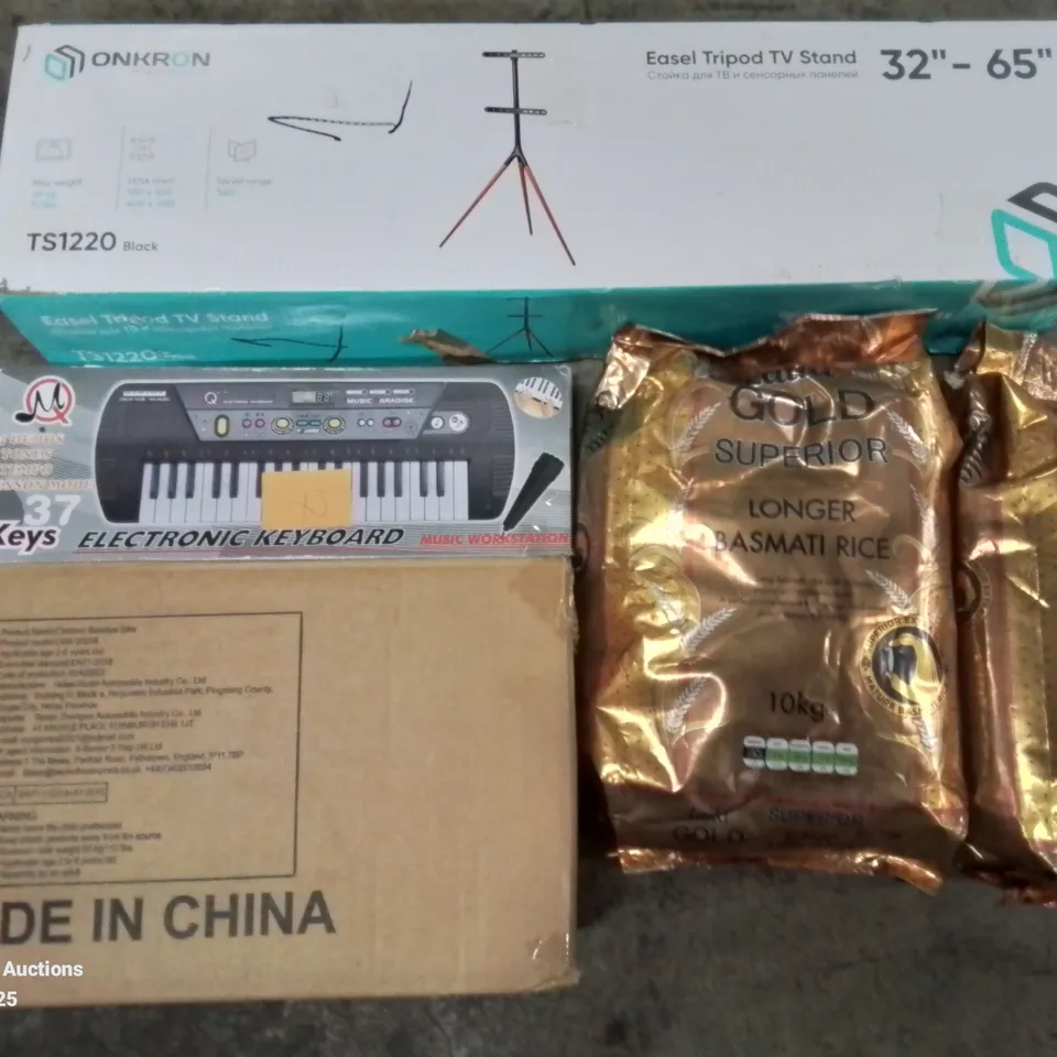 PALLET OF ASSORTED ITEMS TO INCLUDE ONKRON EASEL TRIPOD TV STAND, CHILDREN BALANCE BIKE AND MULTIPLE 10KG BAGS OF BASMATI RICE