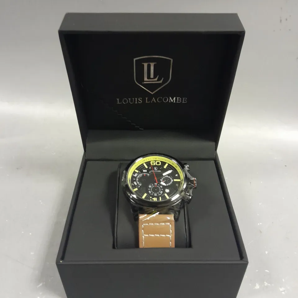 MENS LOUIS LACOMBE CHRONGRAPH WATCH – 3 SUB DIALS – BLACK CASE – LEATHER STRAP