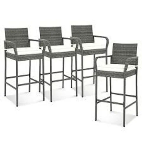 BOXED ALL WEATHER PE RATTAN BAR CHAIRS WITH ARMRESTS AND SEAT CUSHIONS