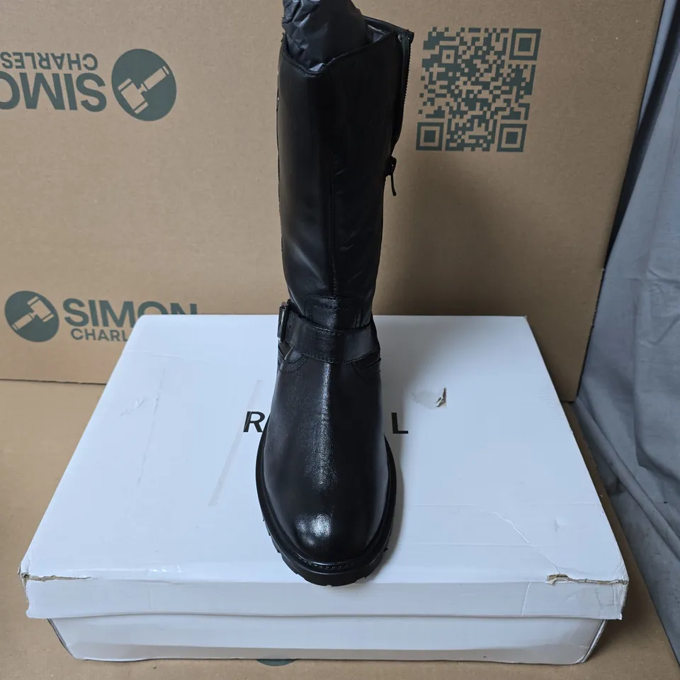 UK 7 BLACK CALF BOOT – KNEE-HIGH WITH QUILTED SHAFT & BUCKLE STRAP