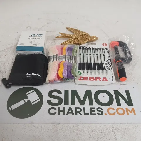 APPROXIMATELY 10 ASSORTED HOUSEHOLD ITEMS TO INCLUDE CLAMPS , PENS AND FLOSS