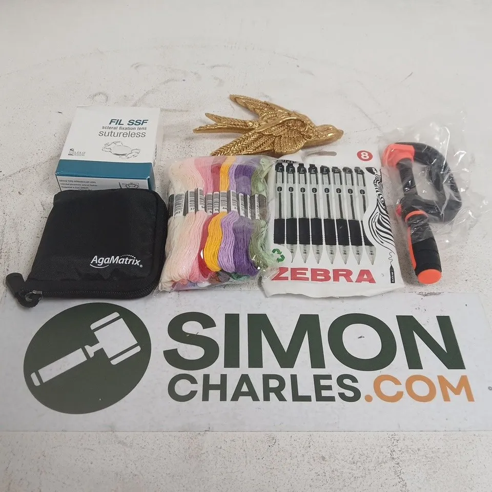 APPROXIMATELY 10 ASSORTED HOUSEHOLD ITEMS TO INCLUDE CLAMPS , PENS AND FLOSS