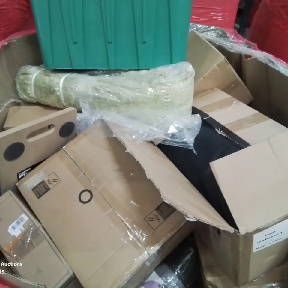 PALLET CONTAINING VARIOUS ASSORTED ITEMS TO INCLUDE: TWIN MATTRESS, YOGA MAT, BALANCE STEPPING STONE SET, STORAGE CABINET UNIT AND LOTS MORE UNMARKED BOXED 