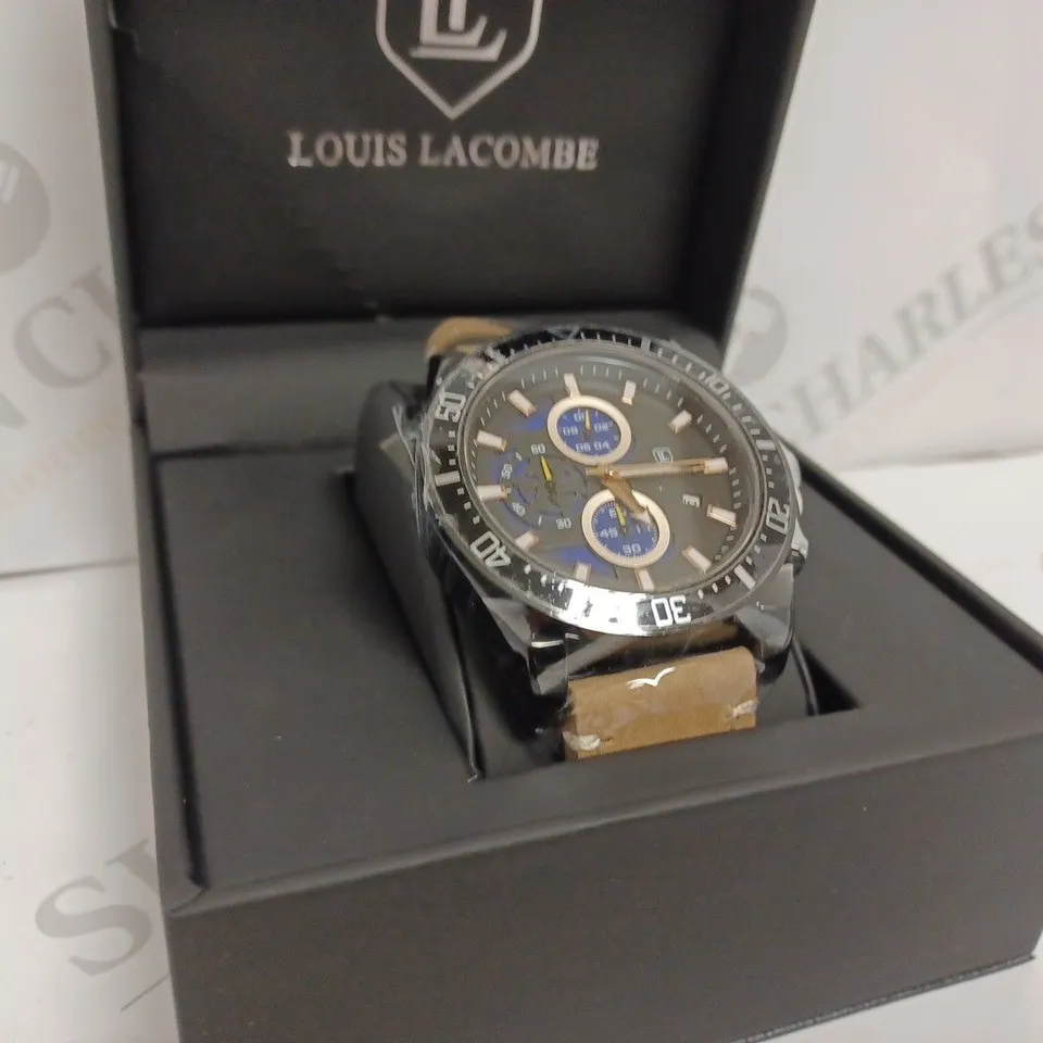 LOUIS LACOMBE MENS CHRONOGRAPH WATCH - BLACK STAINLESS STEEL CASE - LEATHER STRAP - 3ATM WATER RESISTANT - DISPLAY BOX