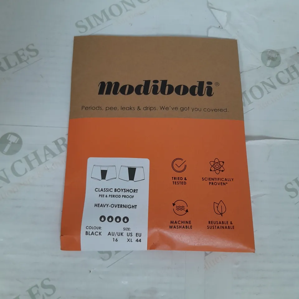 MODIBODI PERIOD UNDERWEAR CLASSIC BOYSHORT HEAVY-OVERNIGHT IN BLACK SIZE 16/XL RRP £125