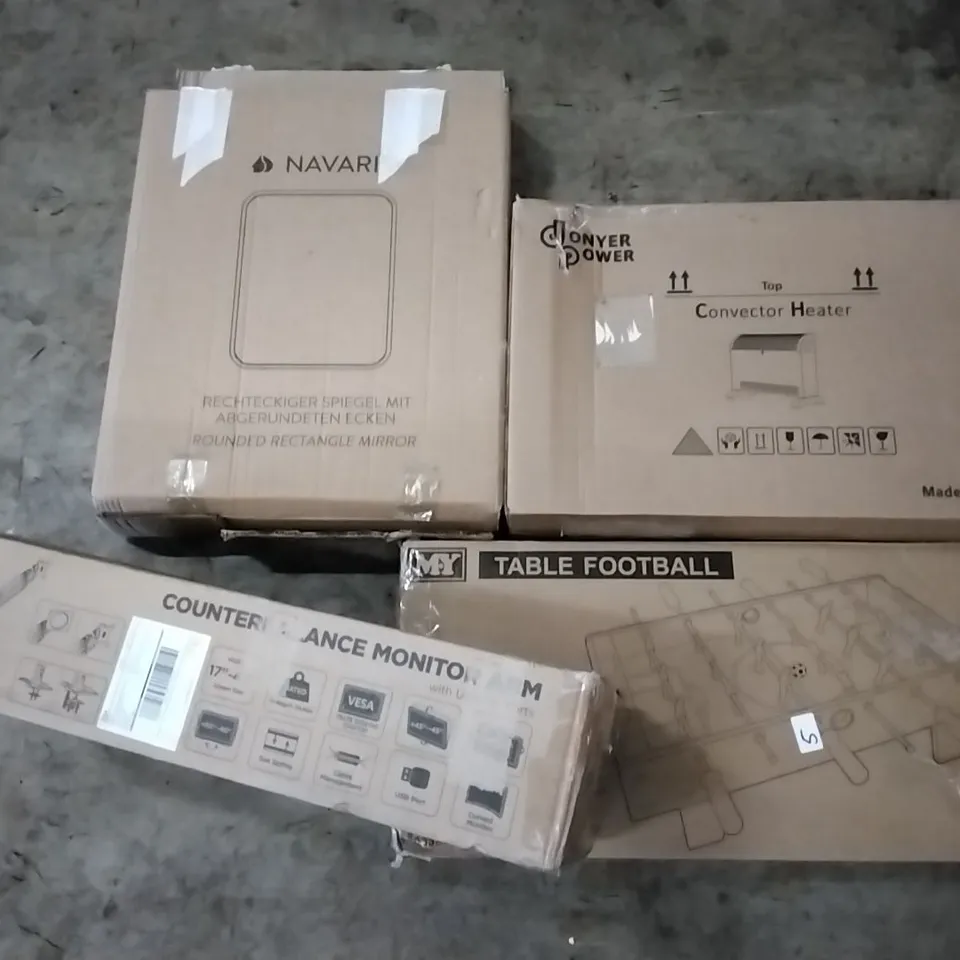 PALLET OF ASSORTED PRODUCTS INCLUDING ROUNDED RECTANGLE MIRROR, COUNTERBALANCE MONITER ARM, CONVECTOR HEATER, TABLE FOOTBALL