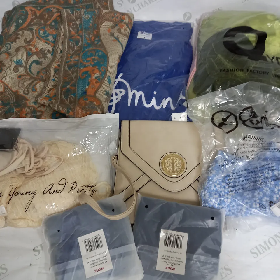 LARGE BOX OF ASSORTED CLOTHING ITEMS TO INCLUDE PANTS, T-SHIRTS, SCARFS, ETC