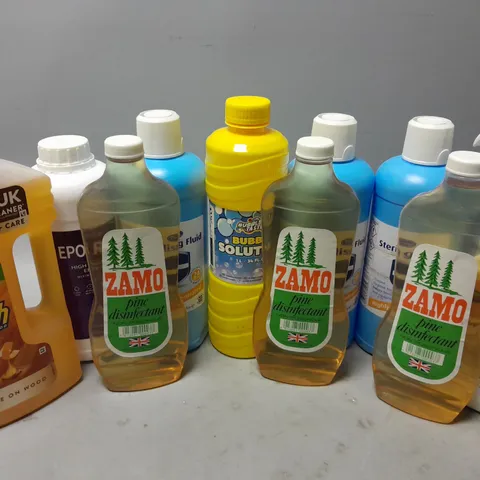 11 ASSORTED LIQUIDS TO INCLUDE DR JOHNSONS STERILISING FLUID (1L), KITCHEN MASTER FOAM OVEN CLEANSER (750ML), ZAMO PINE DISINFECTANT (500ml), ETC - COLLECTION ONLY - COLLECTION ONLY