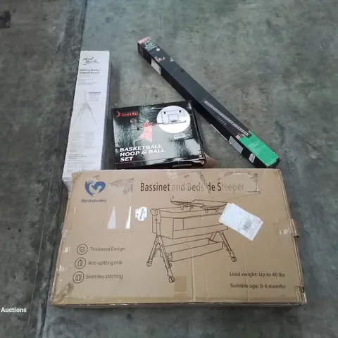 PALLET OF ASSORTED HOUSEHOLD GOODS AND PRODUCTS TO INCLUDE; AQUARIUM LED LIGHT, BASSINET AND BEDSIDE SLEEPER, BASKETBALL HOOP GAME, TRIPOD EASEL, BOXED FURNITURE ETC