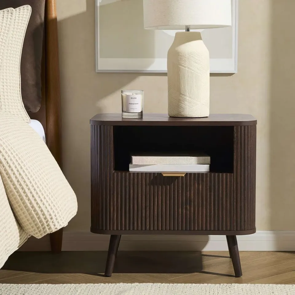 BOXED DUSK HATTIE 1 DRAWER BEDSIDE WITH SHELF - WALNUT