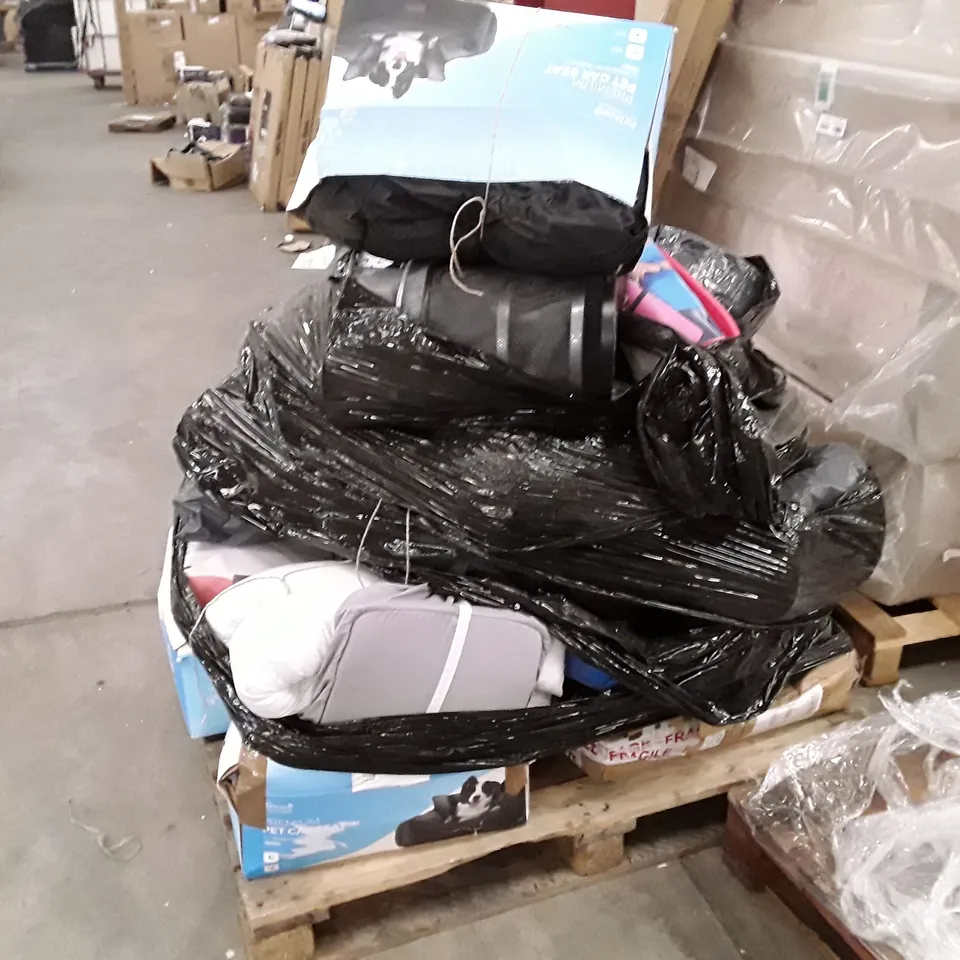PALLET TO CONTAIN AN ASSORTMENT OF HOUSEHOLD ITEMS TO INCLUDE METAL BIN, PET CAR SEATS, YOGA MARS AND DRAFT STOPPER ECT