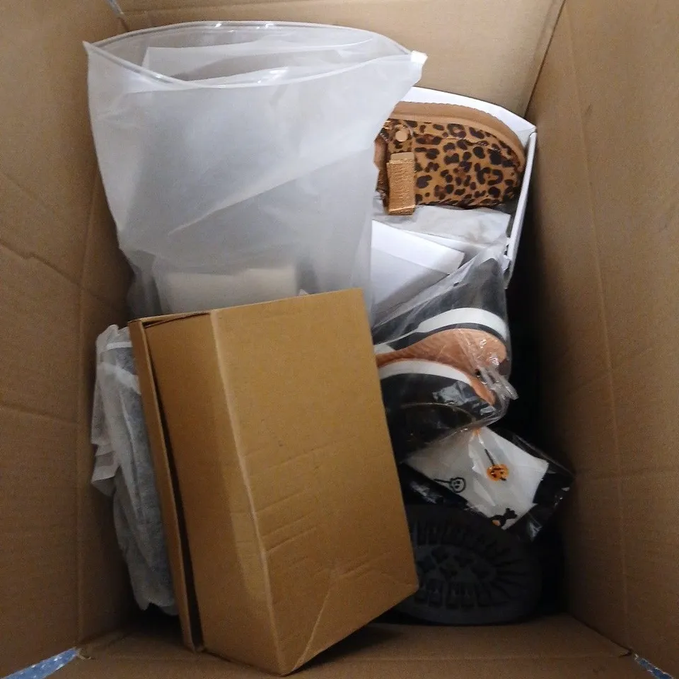 BOX OF APPROXIMATELY 15 ASSORTED PAIRS OF SHOES AND FOOTWEAR ITEMS IN VARIOUS COLOURS, STYLES, AND SIZES