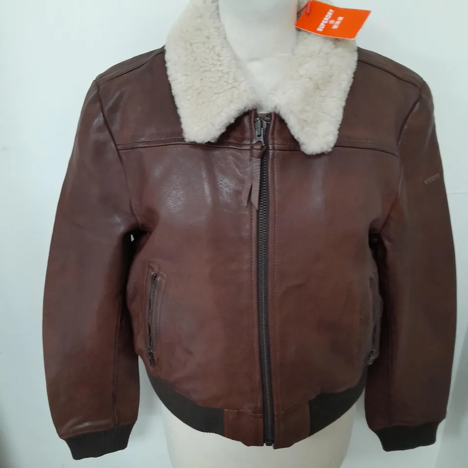 SUPERDRY LEATHER BORG COLLAR JACKET IN BROWN - UK M
