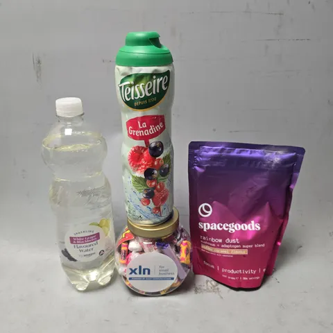 APPROXIMATELY 6 ASSORTED FOOD & DRINK ITEMS TO INCLUDE -SPACEGOODS RAINBOW DUST , TEIISERE LA GRENADINE ETC