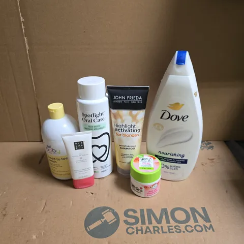 APPROXIMATEY 20 ASSORTED HEALTH AND BEAUTY PRODUCTS TO INCLUDE - DOVE NOURISHING BODY WASH - JOHN FRIEDA HIGHLIGHT ACTIVATING SHAMPOO AND SPOTLIGHT ORAL CARE MOUTHWASH