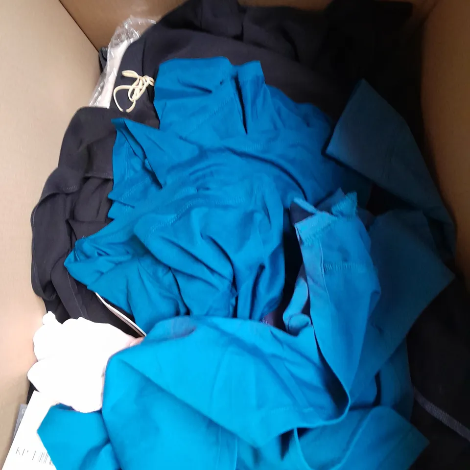 BOX OF APPROXIMATELY 25 ASSORTED CLOTHING ITEMS TO INCLUDE - SHIRT, JACKET, HOODIE ETC