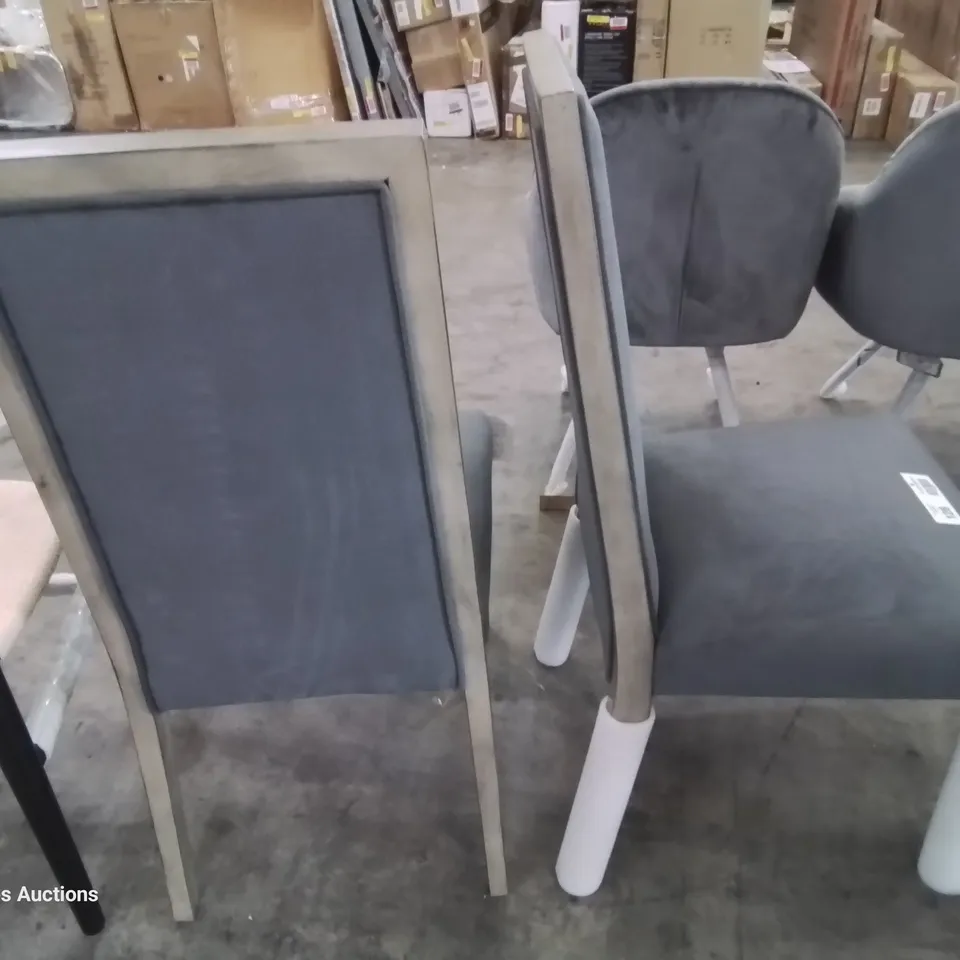 PAIR OF DESIGNER UPHOLSTERED DINING CHAIRS GREY FABRIC ON SILVERED WOOD FRAME 