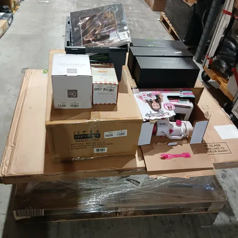 PALLET OF ASSORTED PRODUCTS TO INCLUDE; DIY MAGAZINES, REVAMP PROGLOSS, 22L WATER BASE, PUR GL- COLD PRESSED VIRGIN CARRIER OIL AND LG 55" DAMAGED SCREEN TV