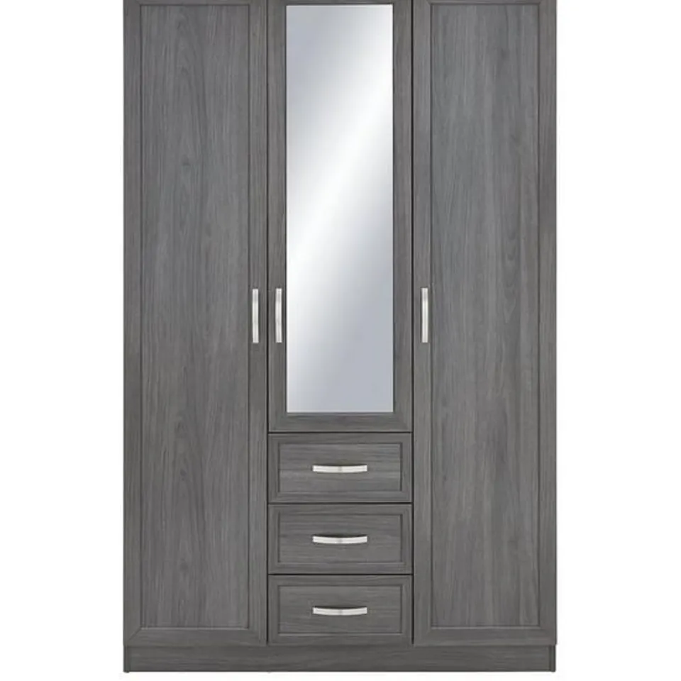 BOXED GRADE 1 CAMBERLEY 3-DOOR 3-DRAWER MIRRORED WARDROBE - DARK OAK-EFFECT (2 BOXES)