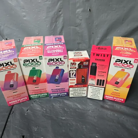 APPROXIMATELY 10 ASSORTED E-CIGARETTE & VAPING ITEMS IN VARIOUS BRANDS TO INCLUDE PIXL 6000, HAPPY VIBES TWIST, IVG SMART MAX, ETC - COLLECTION ONLY