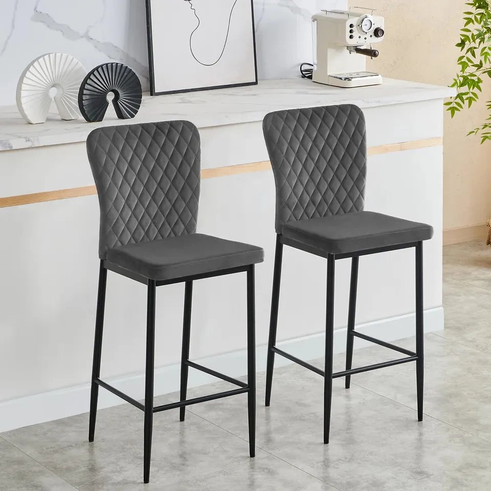 BOXED PAIR OF MODERN UPHOLSTERED VELVET ARMLESS BAR STOOLS - GREY (1 BOX)