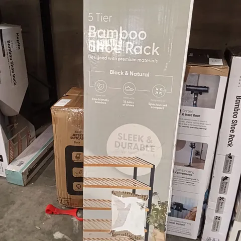 BOXED KEPLIN 5 TIER BAMBOO SHOE RACK BLACK AND NATURAL COLOUR 