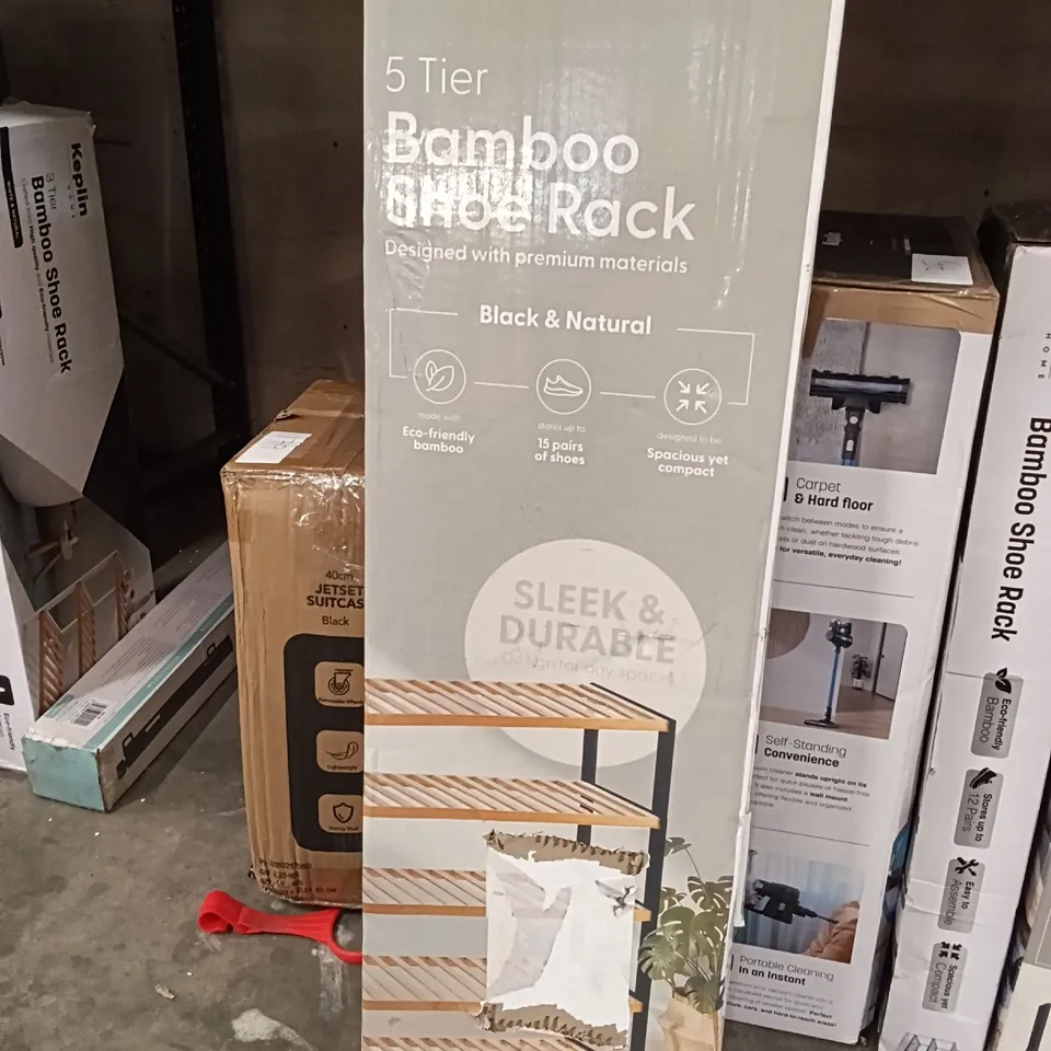 BOXED KEPLIN 5 TIER BAMBOO SHOE RACK BLACK AND NATURAL COLOUR 