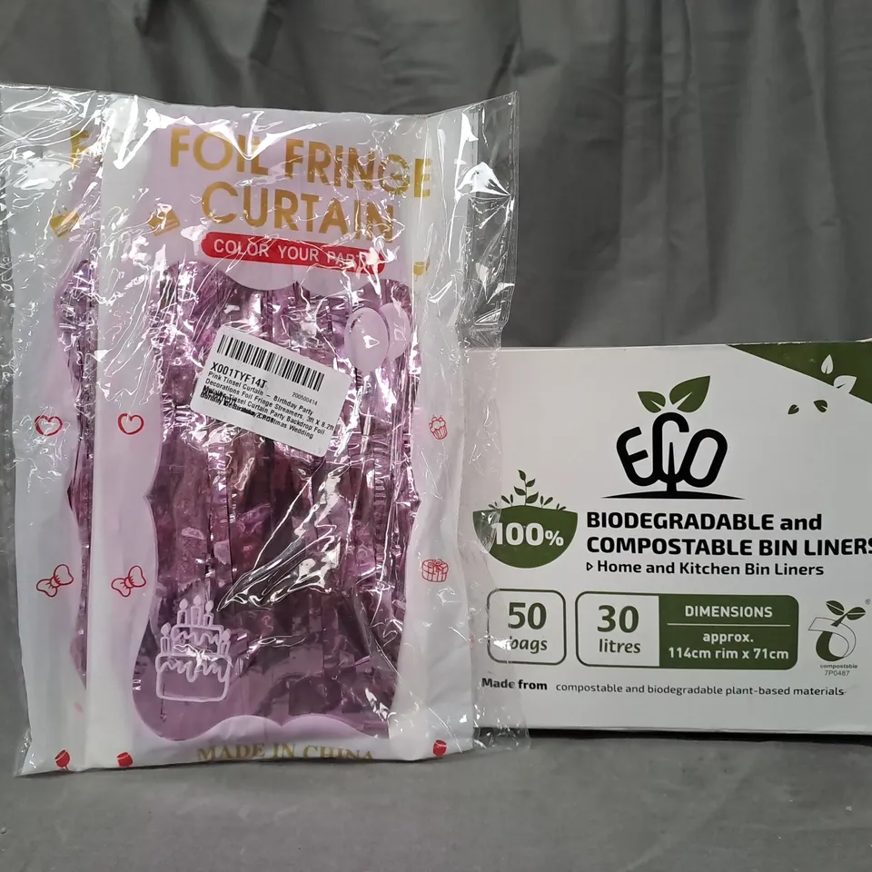 APPROXIMATELY 10 ASSORTED HOUSEHOLD ITEMS TO INCLUDE FOIL FRINGE CURTAIN, BIODEGRADABLE BIN LINERS, ETC