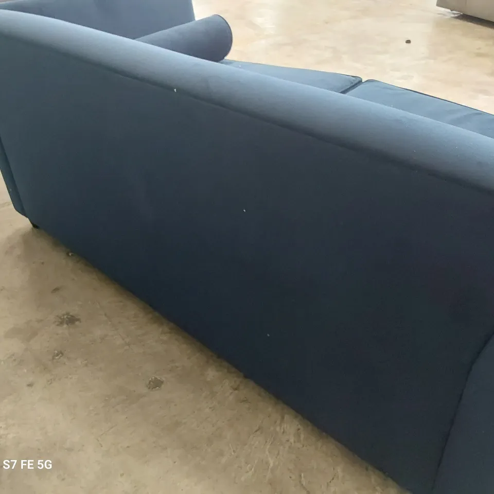 DESIGNER METAL ACTION SOFABED WITH ROLL BOLSTER CUSHIONS NAVY BLUE PLUSH FABRIC 
