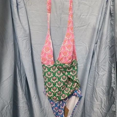 BODEN WOMEN'S FLORAL PRINT SWIMSUIT – PINK, GREEN & BLUE, HALTER NECK - UK 14