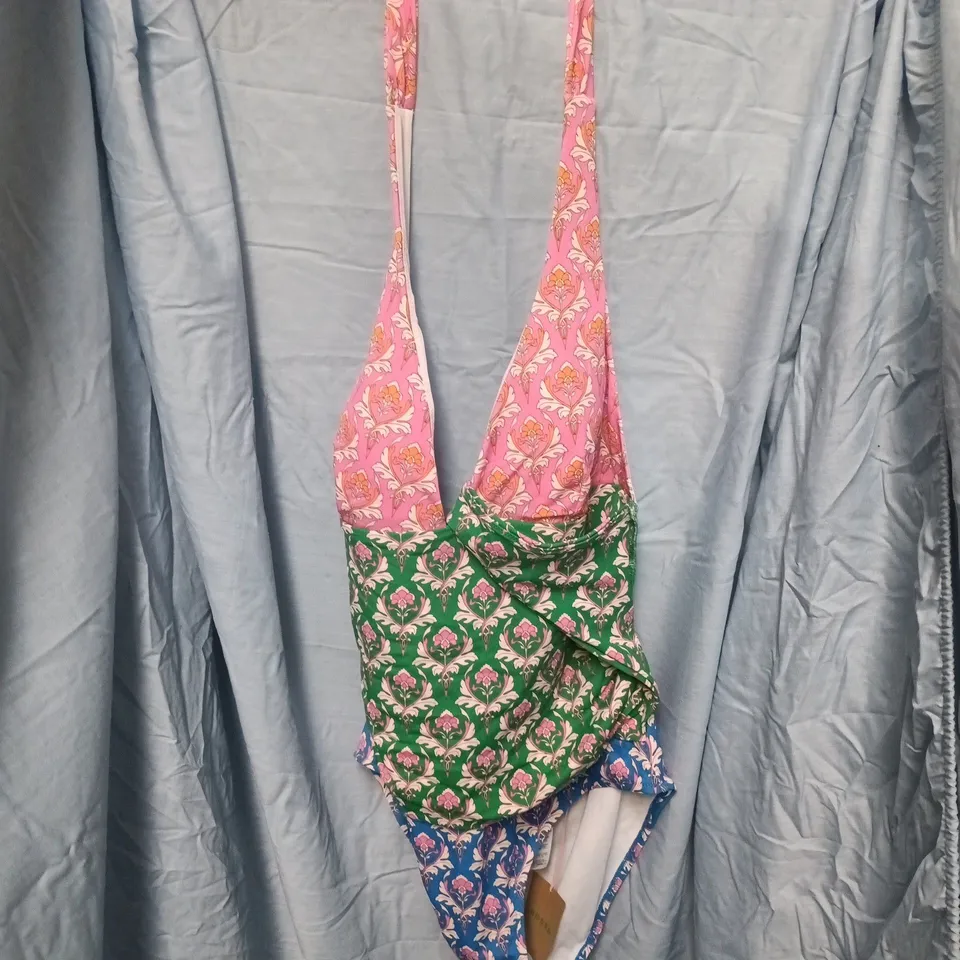 BODEN WOMEN'S FLORAL PRINT SWIMSUIT – PINK, GREEN & BLUE, HALTER NECK - UK 14