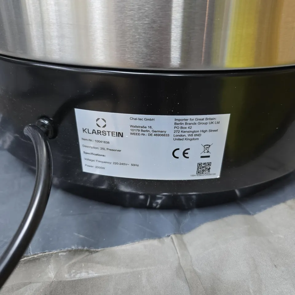 KLARSTEIN 25L PRESERVER HOT WATER DISPENSER – STAINLESS STEEL BOWL ON BLACK BASE (2000W)