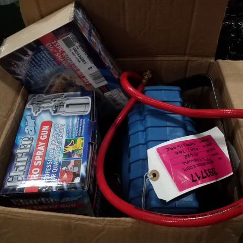 BOX CONTAINING ASSORTED PRODUCTS INCLUDING PRO SPRAY GUN, 15PC ROUTER BIT SET & HOSE REEL