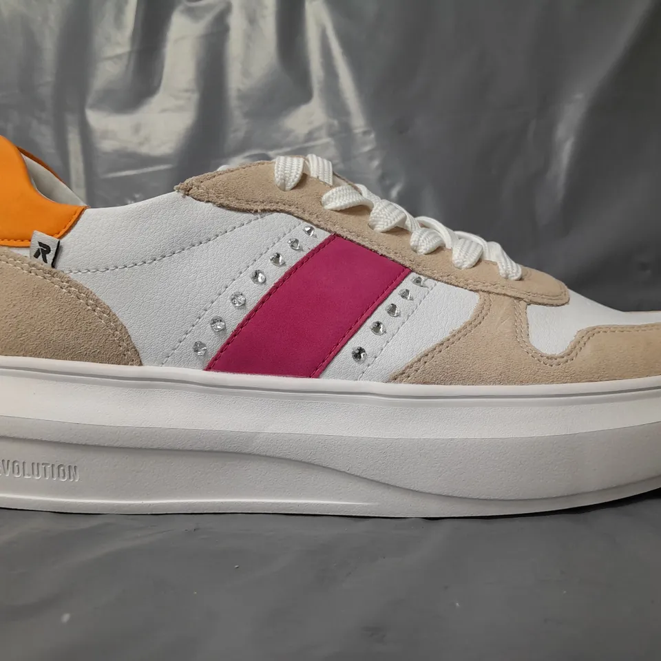 BOXED PAIR OF RIEKER REVOLUTION TRAINERS IN WHITE/PURPLE/SAND/ORANGE W. JEWEL EFFECT EU SIZE 41